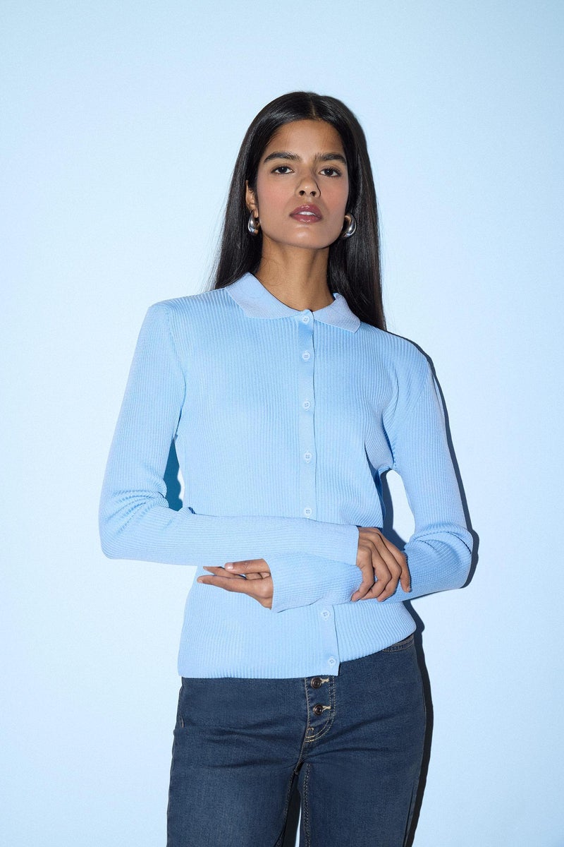 DeFacto Blue Woman Slim Fit Polo Collar Knitwear Cardigan Casual - Image 2